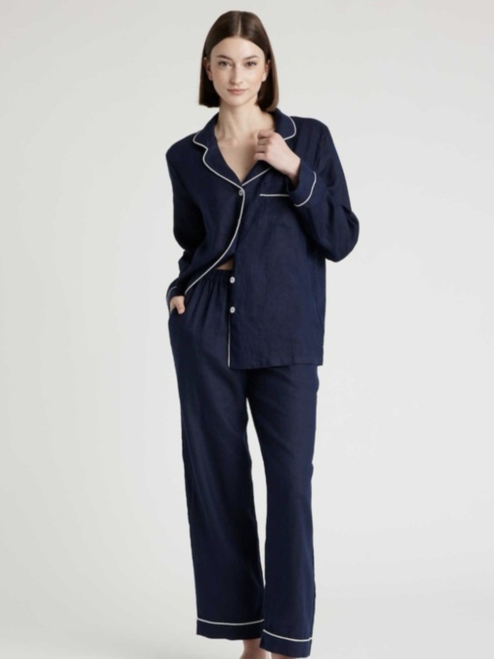 Quince Linen Navy Piped Long-Sleeve Pajama Set